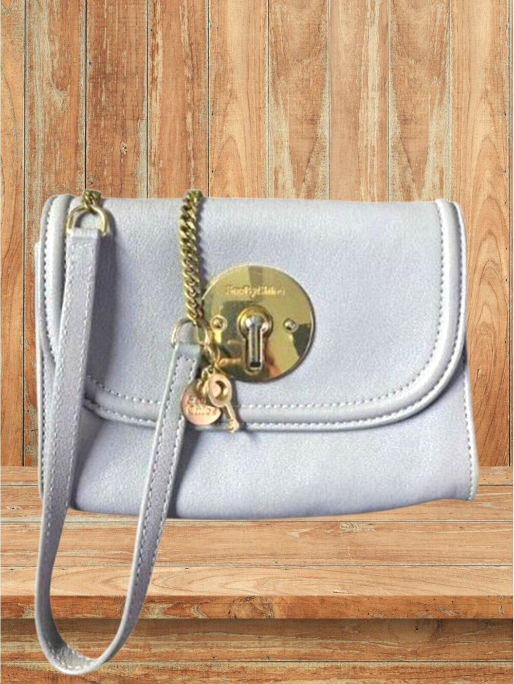 See by Chloé Lois Light Gray Leather Crossbody Bag Gold Lock Chain Key Charm